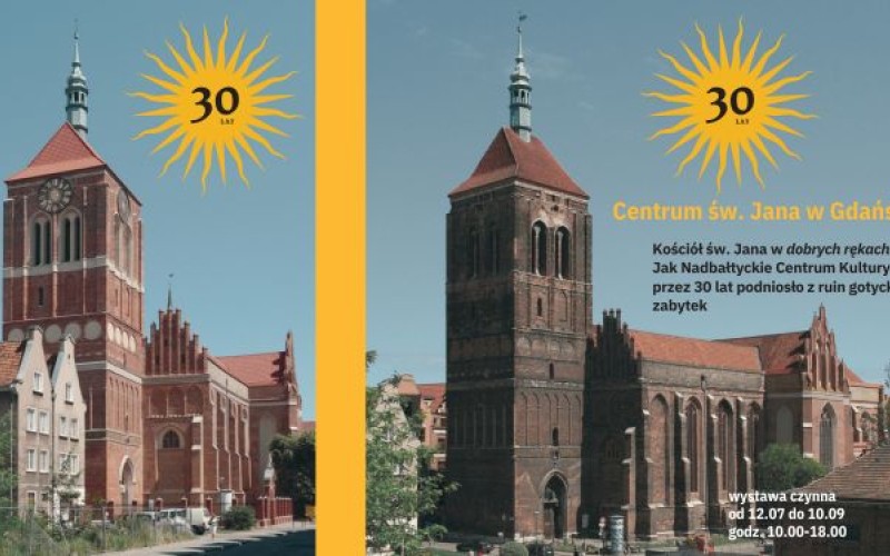 grafika do wystawy, na niej centrum św. jana kiedyś i dziś