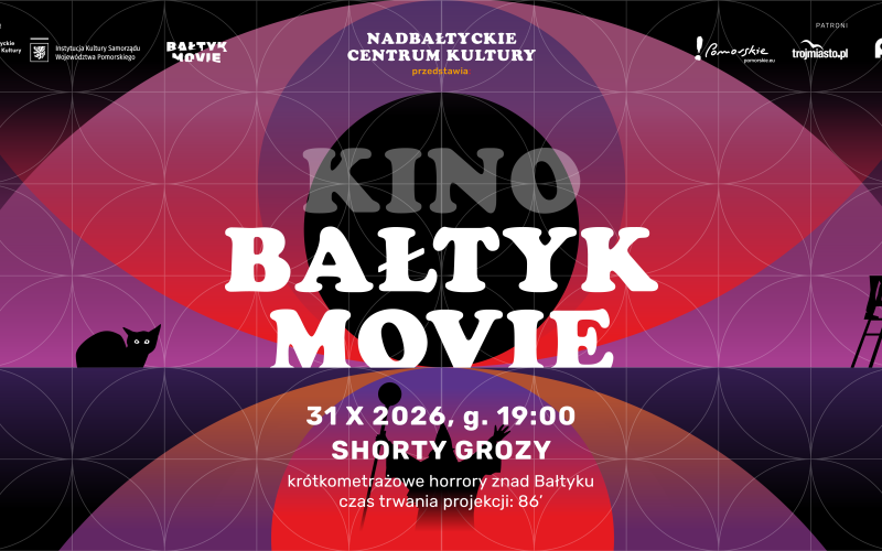mroczna, geometrzyczna grafika. Napis "kino bałtyk movie. 31.10.2026, godz. 19.00"